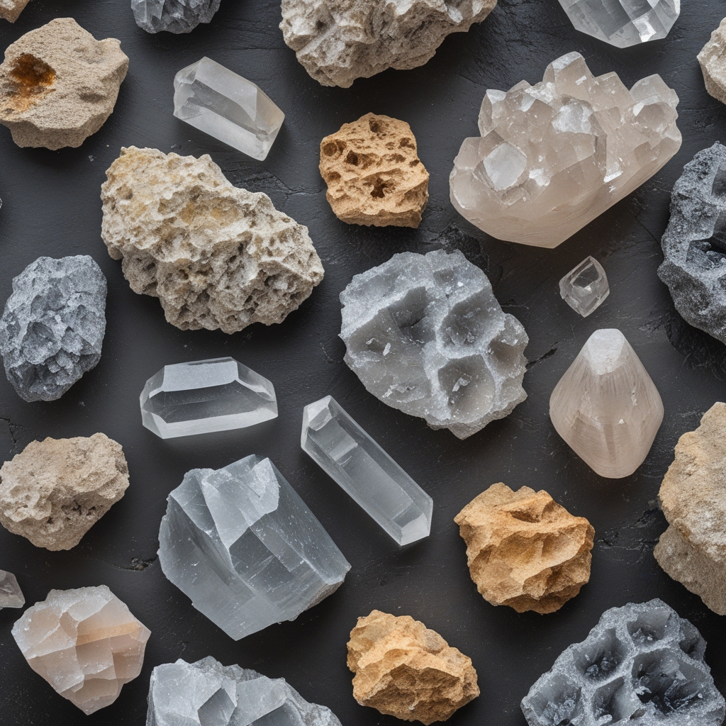 Close-up photograph of raw mineral crystals and natural rock formations with varied textures and earthy tones — grey, beige, and white crystalline structures on a dark surface