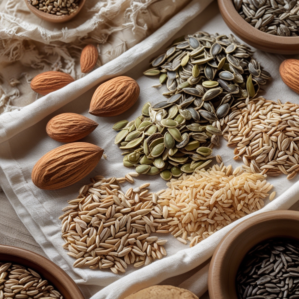 Close-up of mineral-rich seeds, nuts, and whole grains arranged on a linen cloth — almonds, pumpkin seeds, brown rice — representing dietary mineral sources