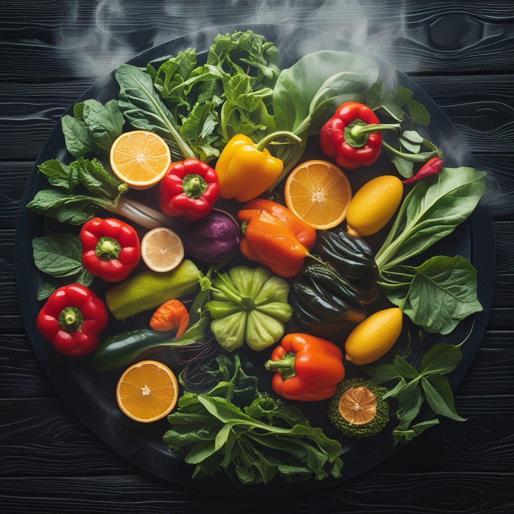 Arrangement of colourful fresh vegetables and fruits on a dark wooden surface — bell peppers, leafy greens, citrus fruit — representing diverse vitamin sources in a balanced diet