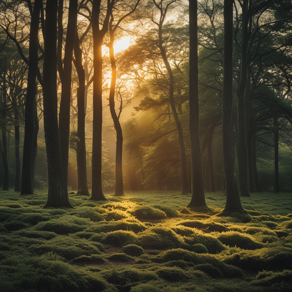 Serene forest clearing at dawn with soft golden light filtering through tall trees, mossy ground, and deep green foliage conveying natural balance and vitality